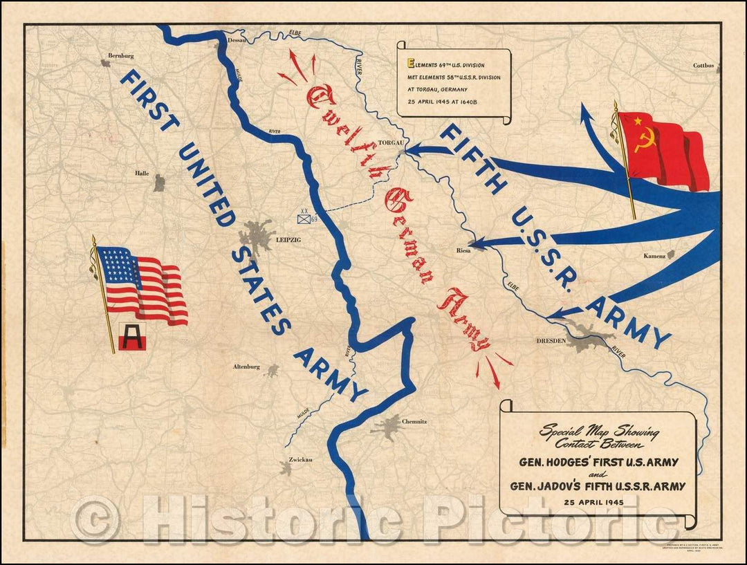 Historic Map - Special Map Showing Contact Between Gen. Hodges' First U.S. Army and Gen. Jadov's Firth U.S.S.R. Army 25 April 1945, 1945, U.S. Army - Vintage Wall Art