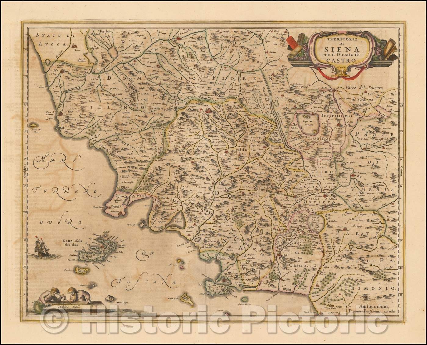 Historic Map - Territorio di Siena et Ducato di Castro (with Elba)/Territory of Siena et Duchy of Castro (with Elba), 1640, Jan Jansson - Vintage Wall Art