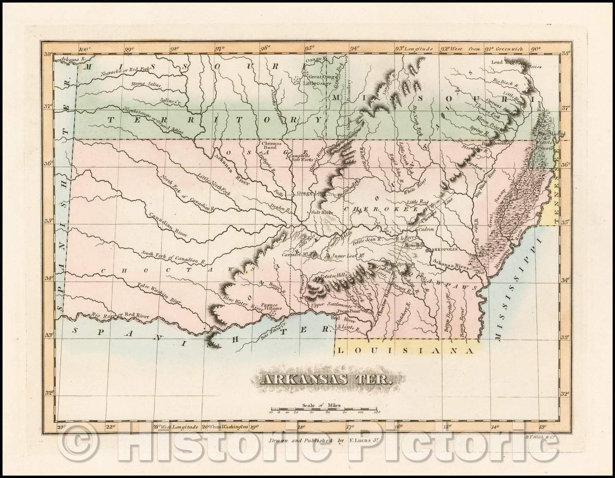 Historic Map - Arkansas, 1823, Fielding Lucas Jr. - Vintage Wall Art