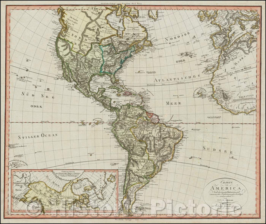 Historic Map - Charte von America, nach den Neuesten Entdeckungen und Astronomischen Ortsbestim :: America with a large inset of the North Polar Regions, 1800 - Vintage Wall Art
