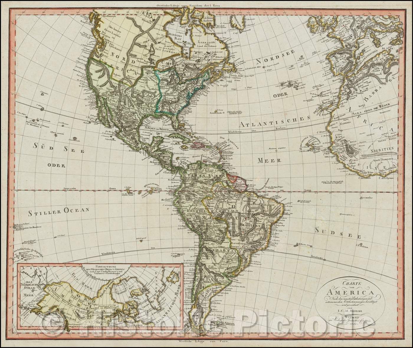 Historic Map - Charte von America, nach den Neuesten Entdeckungen und Astronomischen Ortsbestim :: America with a large inset of the North Polar Regions, 1800 - Vintage Wall Art