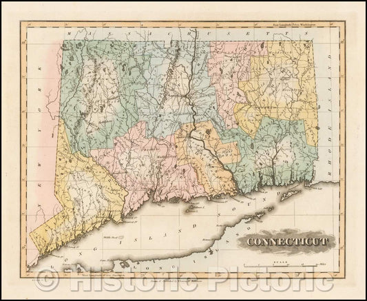 Historic Map - Connecticut, 1823, Fielding Lucas Jr. - Vintage Wall Art