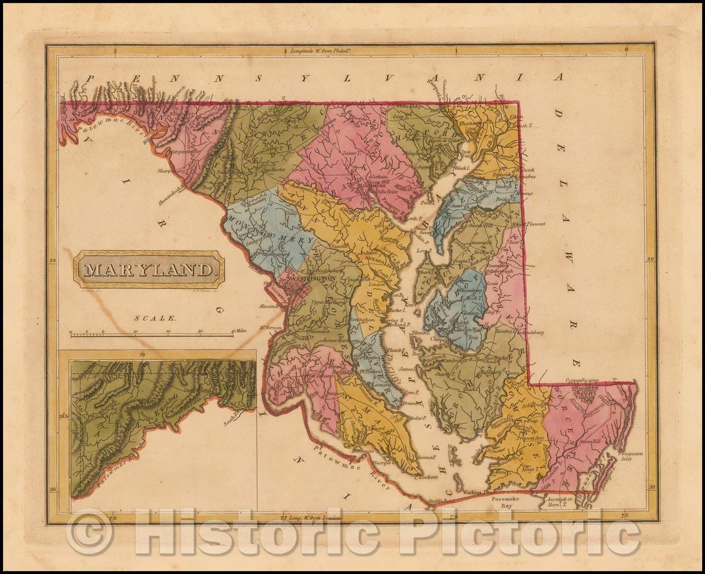 Historic Map - Maryland, 1817, Fielding Lucas Jr. - Vintage Wall Art