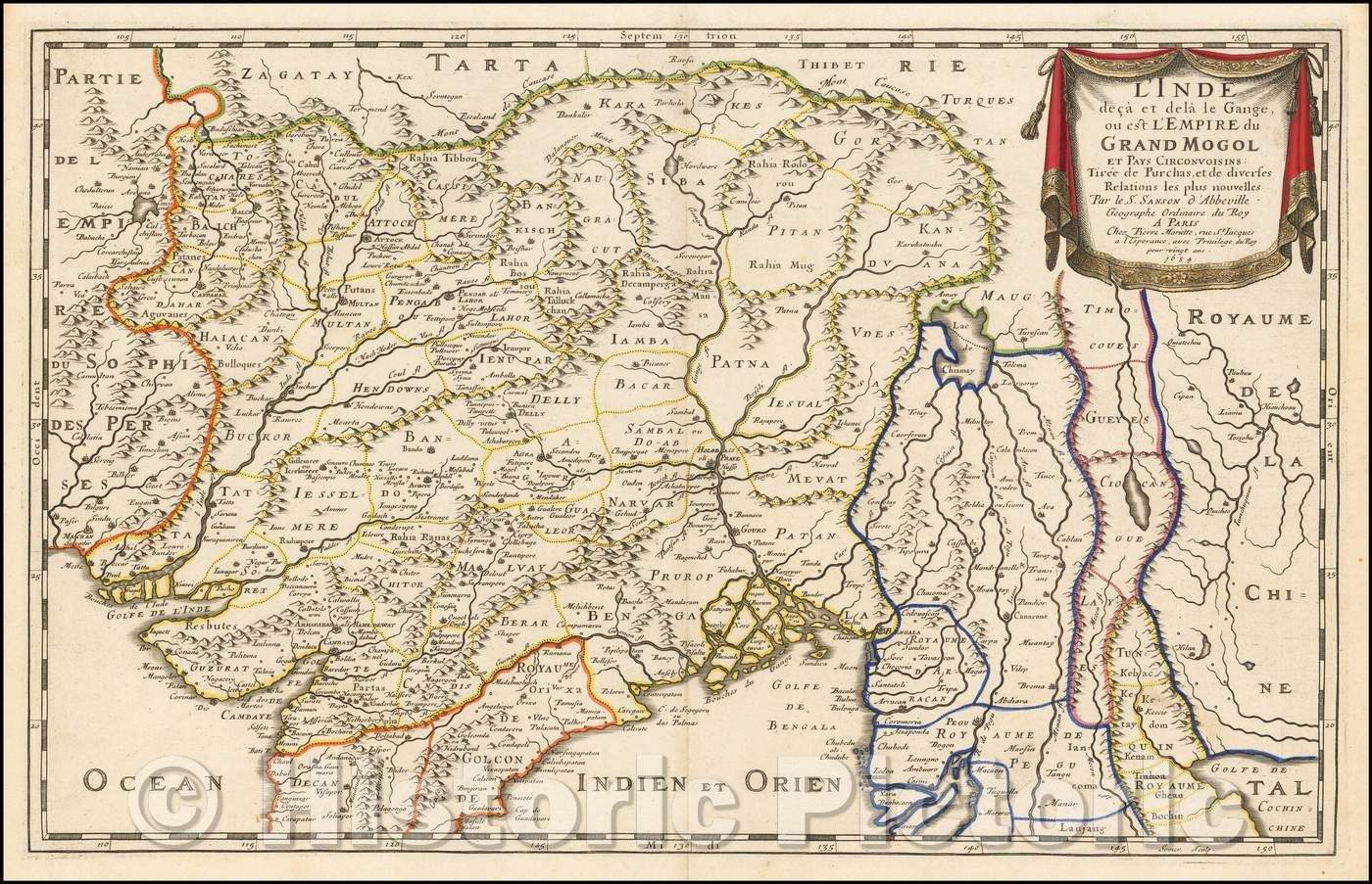 Historic Map - L'Inde deca et dela le Gange, ou est L'Empire du Grand Mogol Et Pays Circonvoisins Tiree de Purchas, 1654, Nicolas Sanson - Vintage Wall Art
