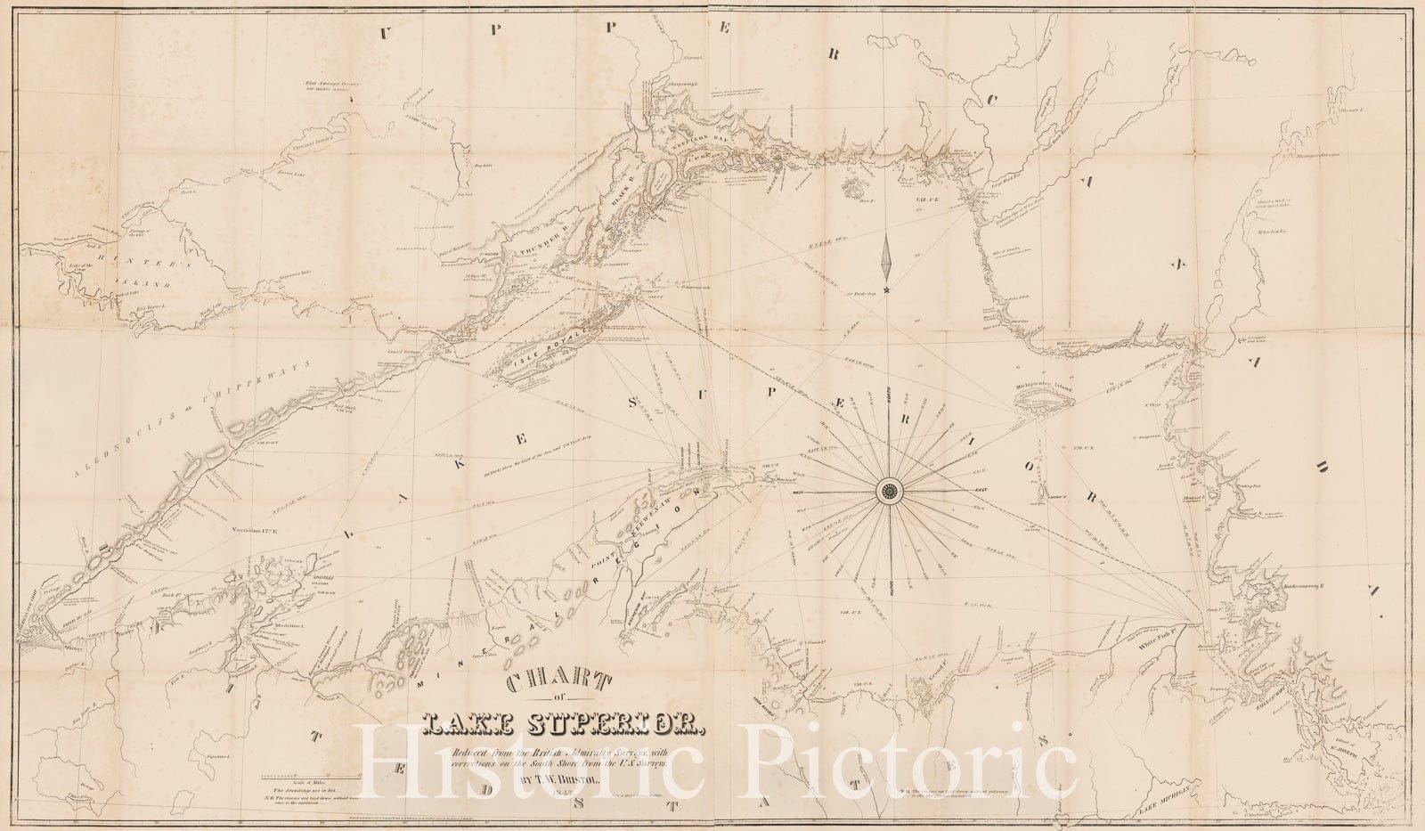 Historic Map - Chart of Lake Superior, Reduced from the British Admiralty Surveys, with corrections on the South Shore, from the U.S. Surveys, 1847 - Vintage Wall Art
