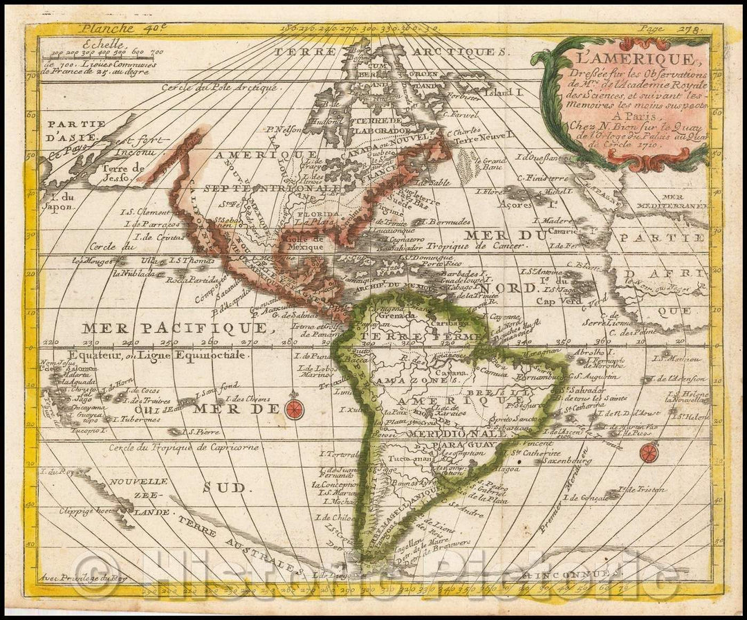 Historic Map - L'Amerique, Dressee sur les Observations/Map of America with a treatment of the Northwest Coast of America, 1710, Nicolas Bion - Vintage Wall Art
