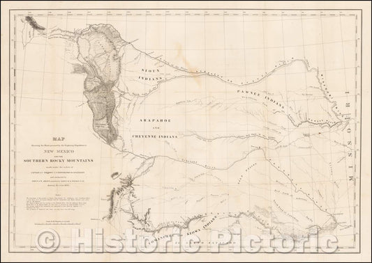 Historic Map - Map Showing the Route pursued, 1845, United States Bureau of Topographical Engineers - Vintage Wall Art