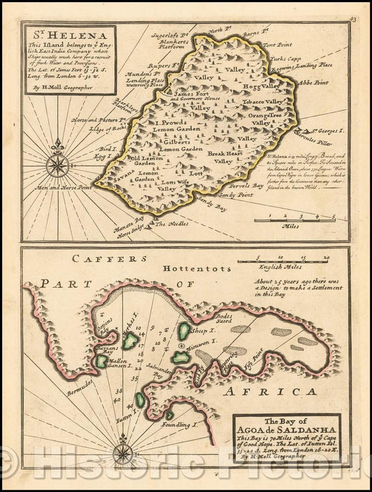 Historic Map - ST. Helena This Island belongs to ye. English East India Company whose Ships usually touch here for a recruit of fresh Water and Provisions, 1729 - Vintage Wall Art