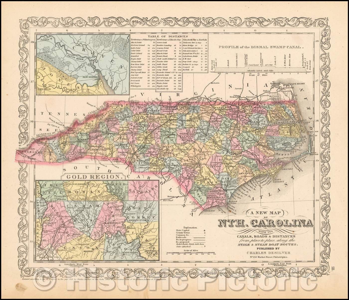 Historic Map - Nth. Carolina with its Canals, Roads & Distances from Place to Place, along the Stage & Steam Boat Routes, 1856, Charles Desilver - Vintage Wall Art