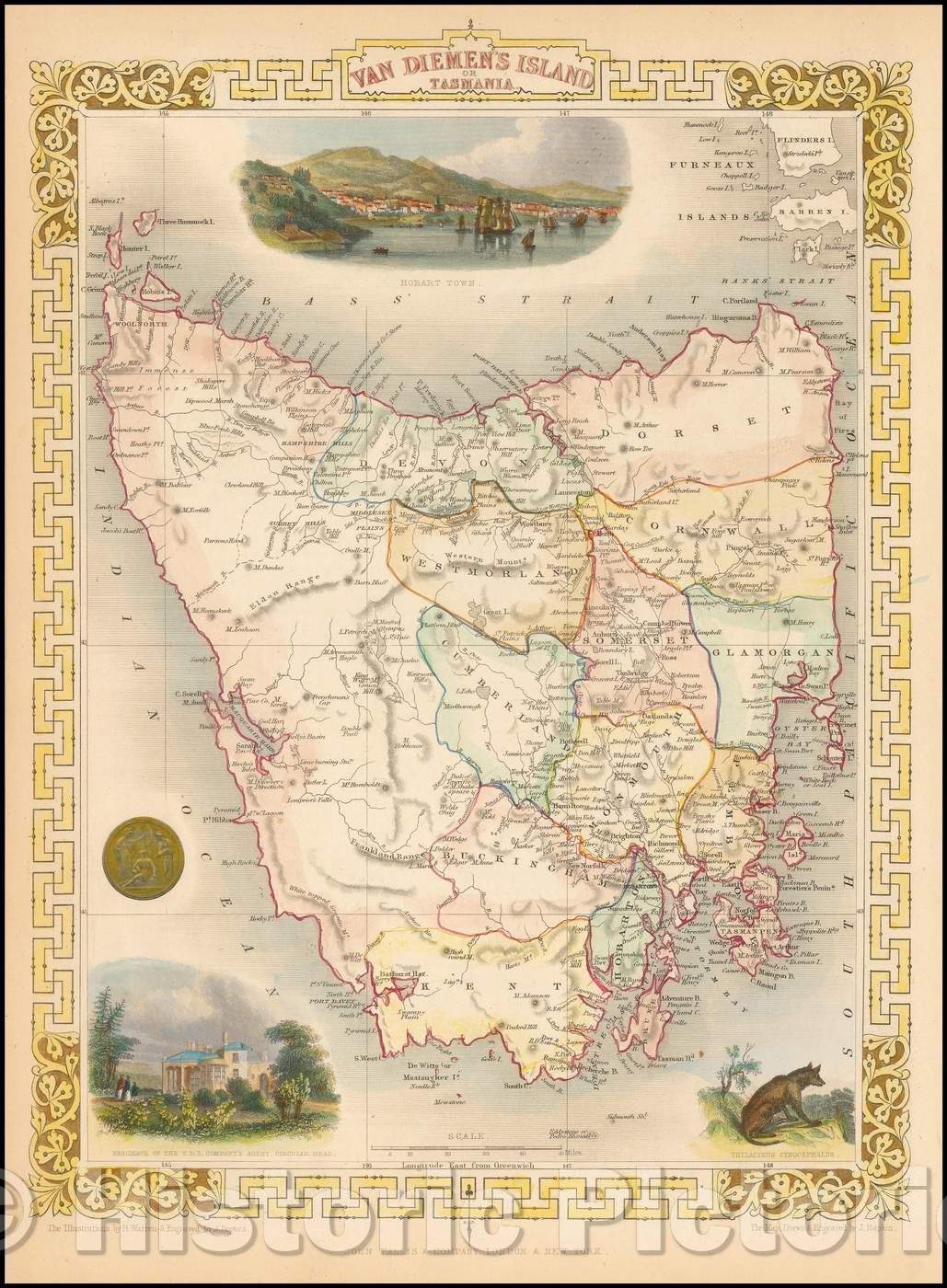 Historic Map - Van Diemen's Island or Tasmania, 1851, John Tallis v2