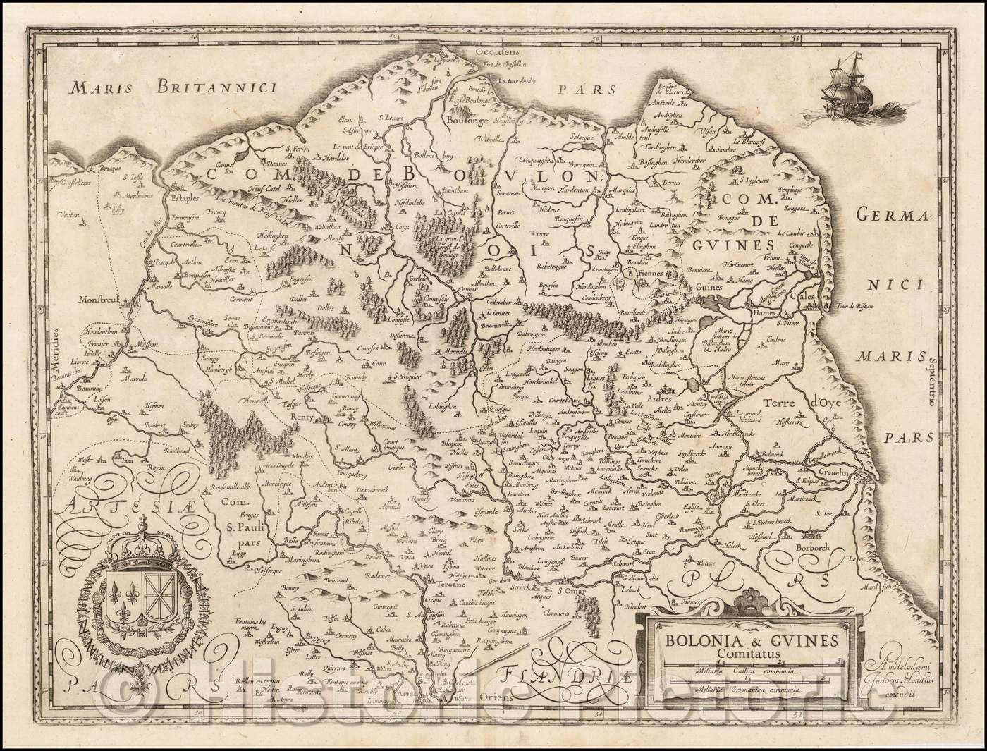 Historic Map - Bolonia & Guines Comitatus, 1619, Jodocus Hondius - Vintage Wall Art