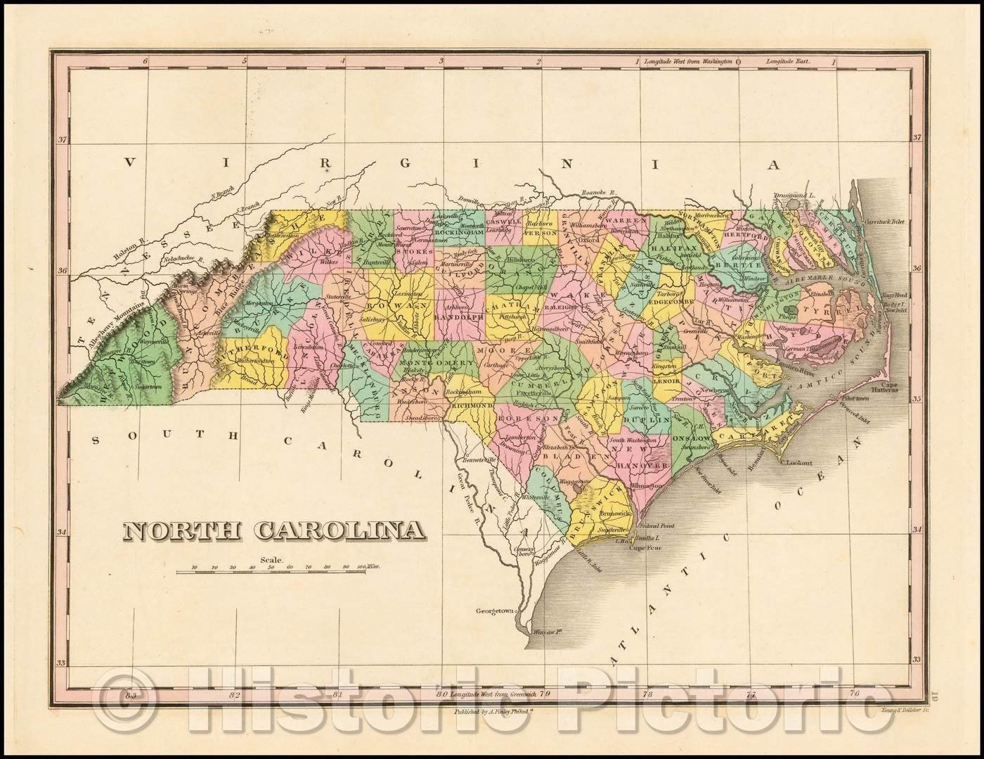 Historic Map - North Carolina, 1827, Anthony Finley - Vintage Wall Art