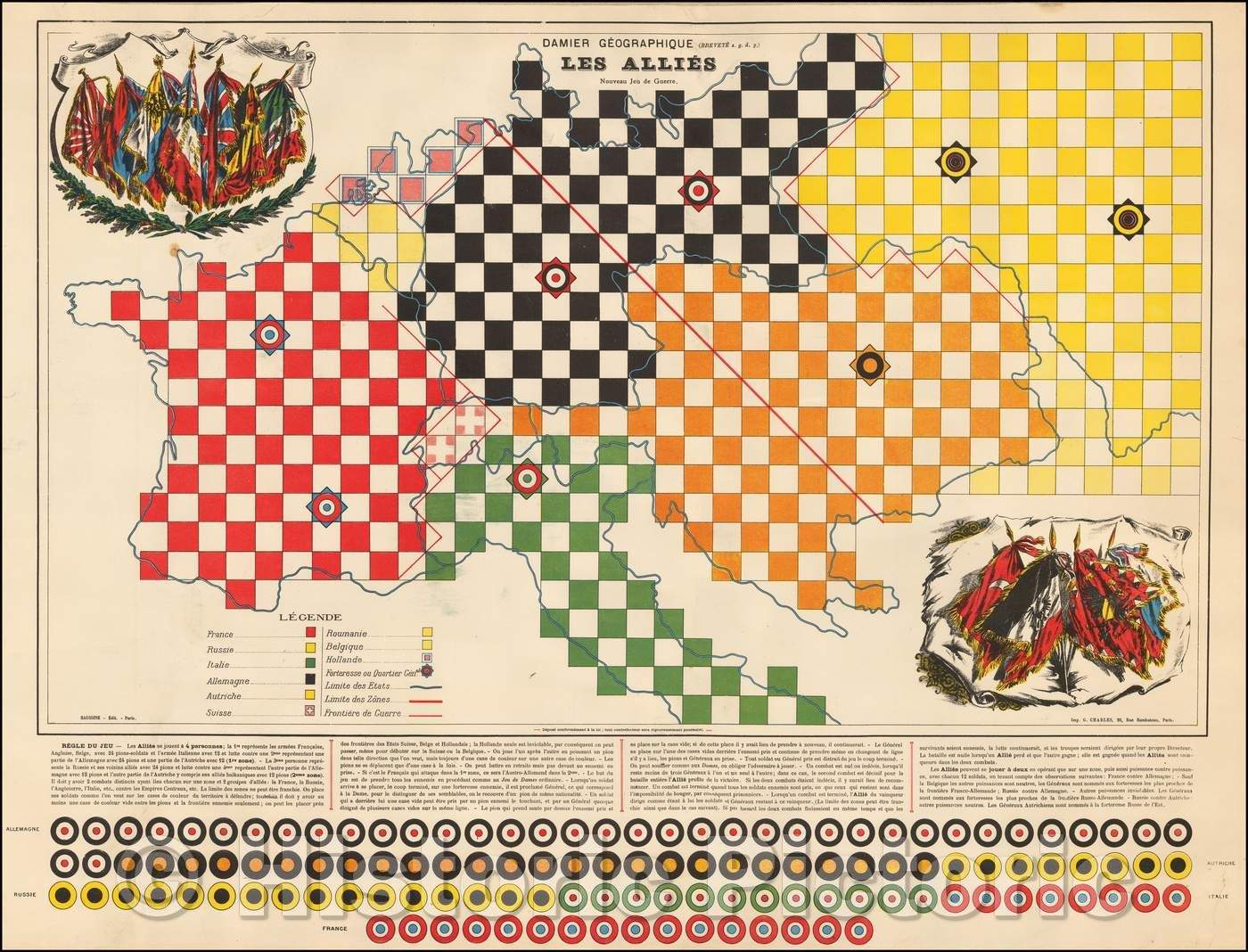Historic Map - (Children's Geographical Game of War) Damier Geographique (Brevete s.g. d. g.) Les Allies Nouveau Jeu de Guerre/Children's Map game, 1916 - Vintage Wall Art