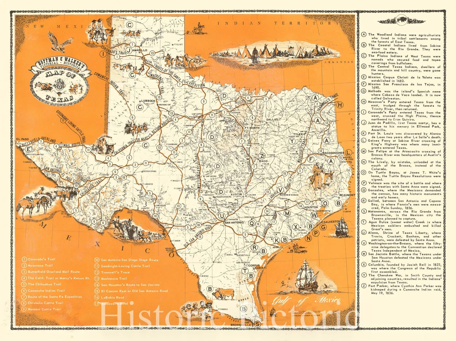 Historic Map - Hoffman & Walker's Pictorial - Historical Map of Texas, 1960, Hoffman & Walker - Vintage Wall Art