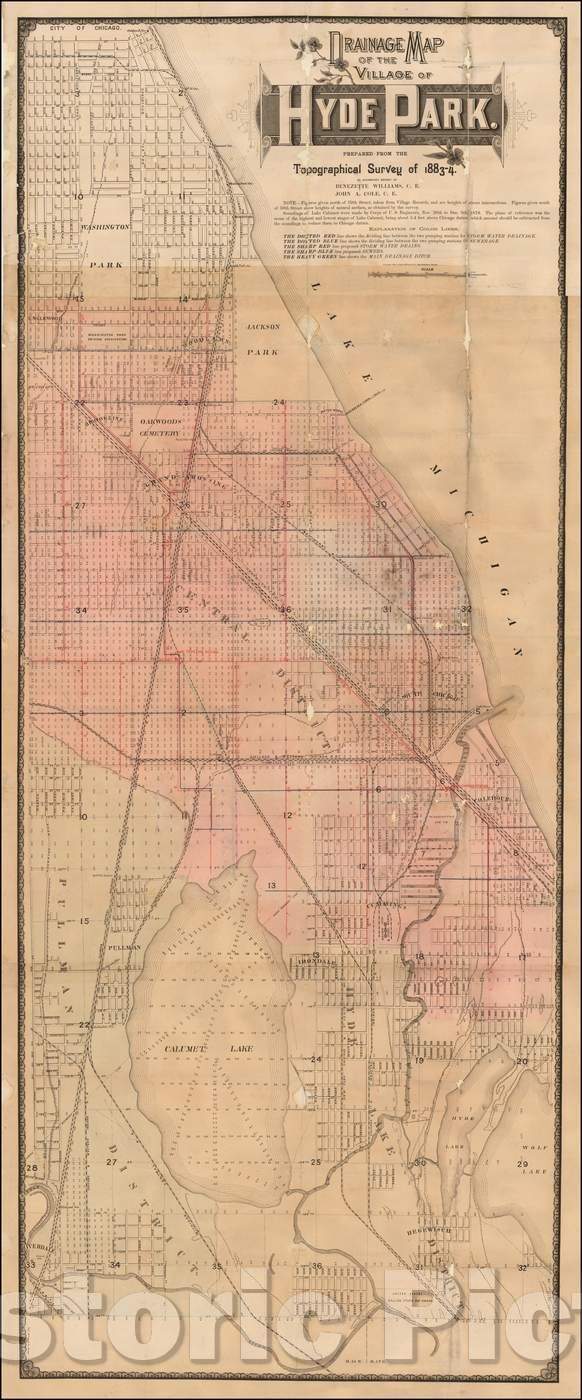 Historic Map - Drainage Map of the Village of Hyde Park. Prepared From The Topographical Survey of 1883-84, 1884, Rand McNally & Company - Vintage Wall Art