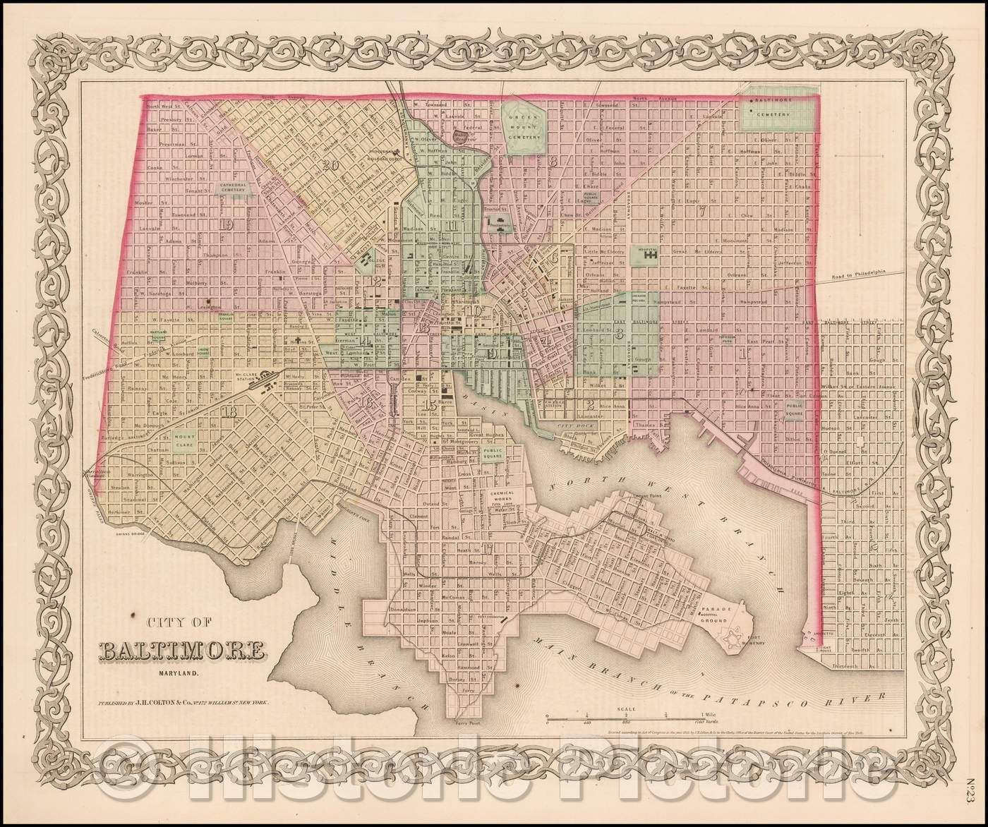 Historic Map - City of Baltimore Maryland, 1859, Joseph Hutchins Colton - Vintage Wall Art