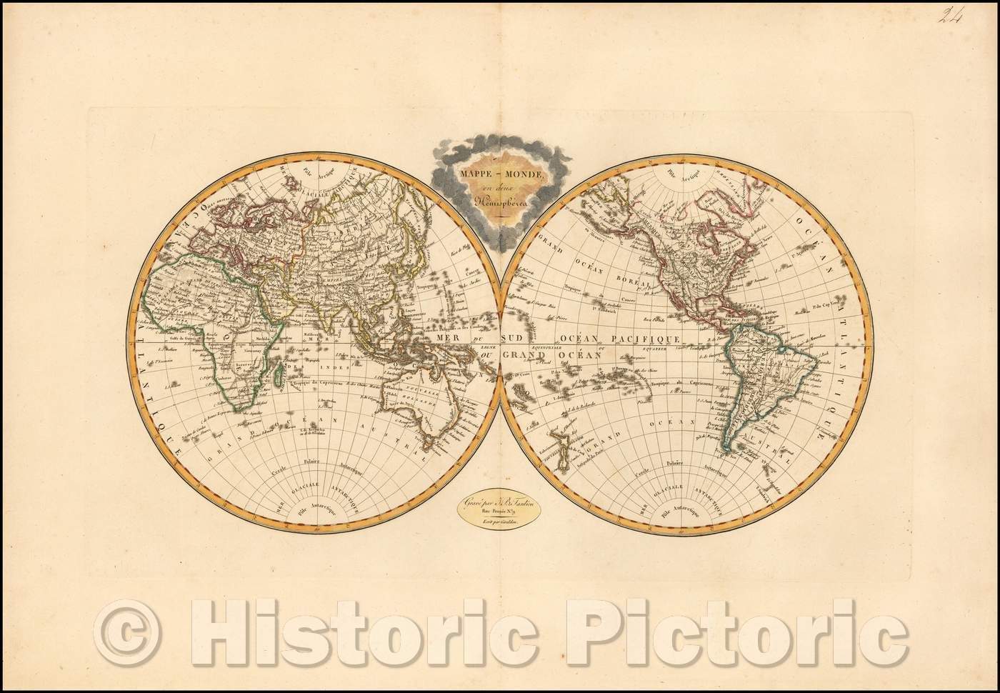 Historic Map - Mappe-Monde en Deux Hemispheres, 1812, Conrad Malte-Brun - Vintage Wall Art