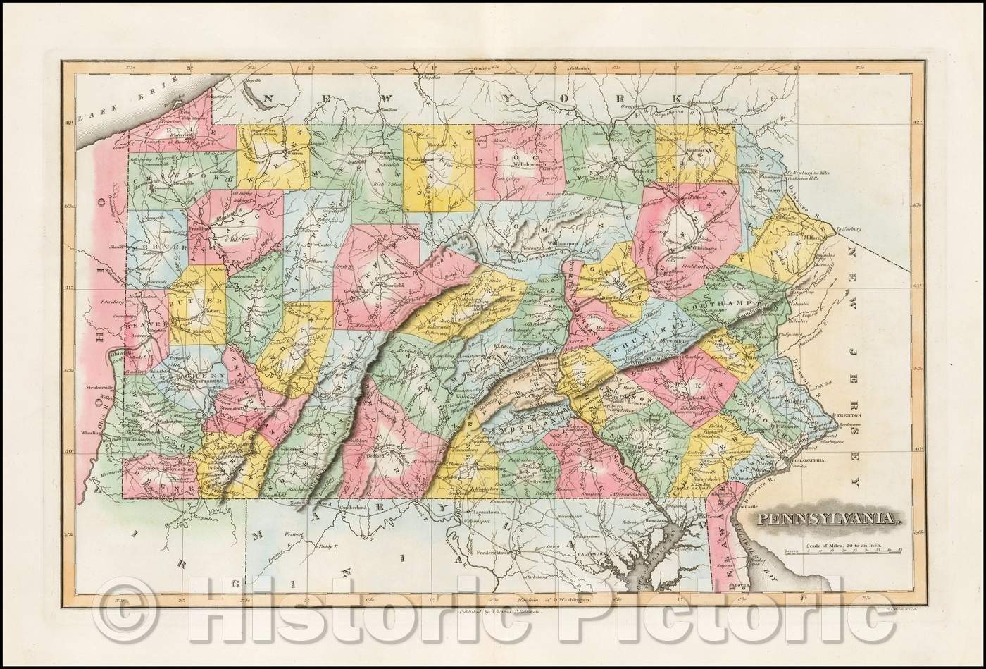 Historic Map - Pennsylvania, 1822, Fielding Lucas Jr. - Vintage Wall Art