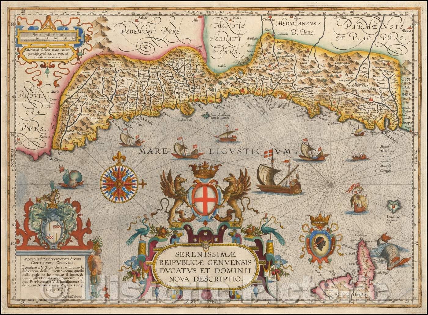 Historic Map - Serenissimae Reipublicae Genuensis Ducatus Et Dominii Nova Descriptio/Serene Republic of Genoa, Duchy and ownership Nova, 1608, Abraham Ortelius - Vintage Wall Art