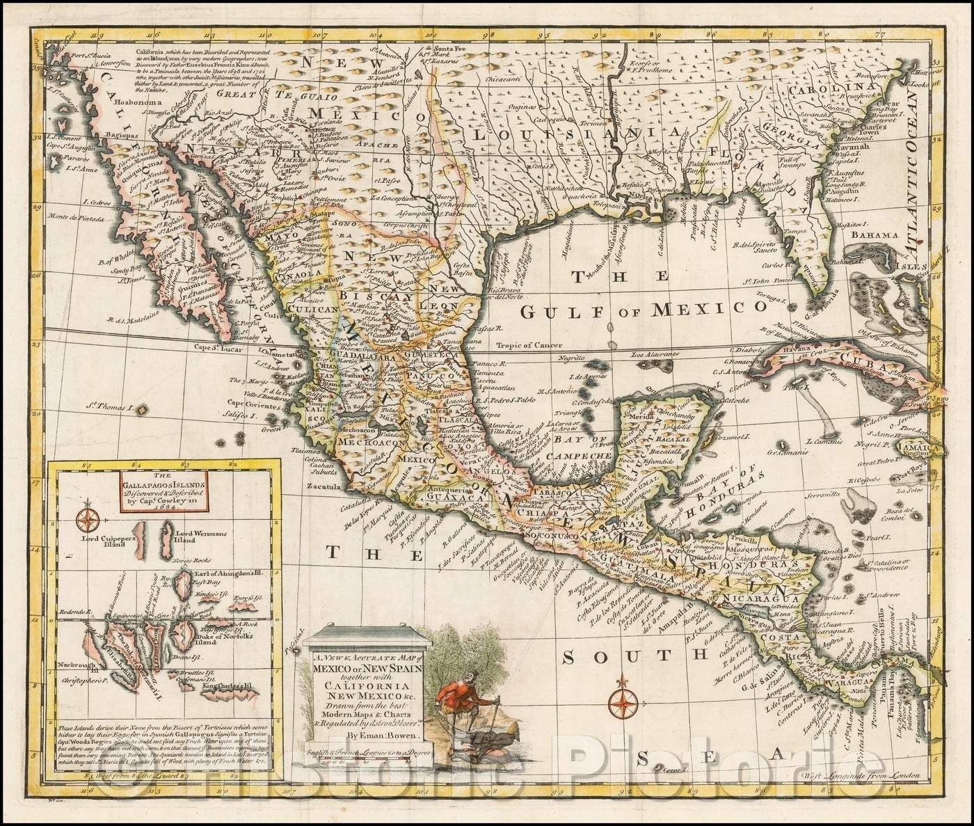 Historic Map - A New & Accurate Map of Mexico or New Spain together with California New Mexico [Inset map of the Galapagos Islands], 1747, Emanuel Bowen - Vintage Wall Art
