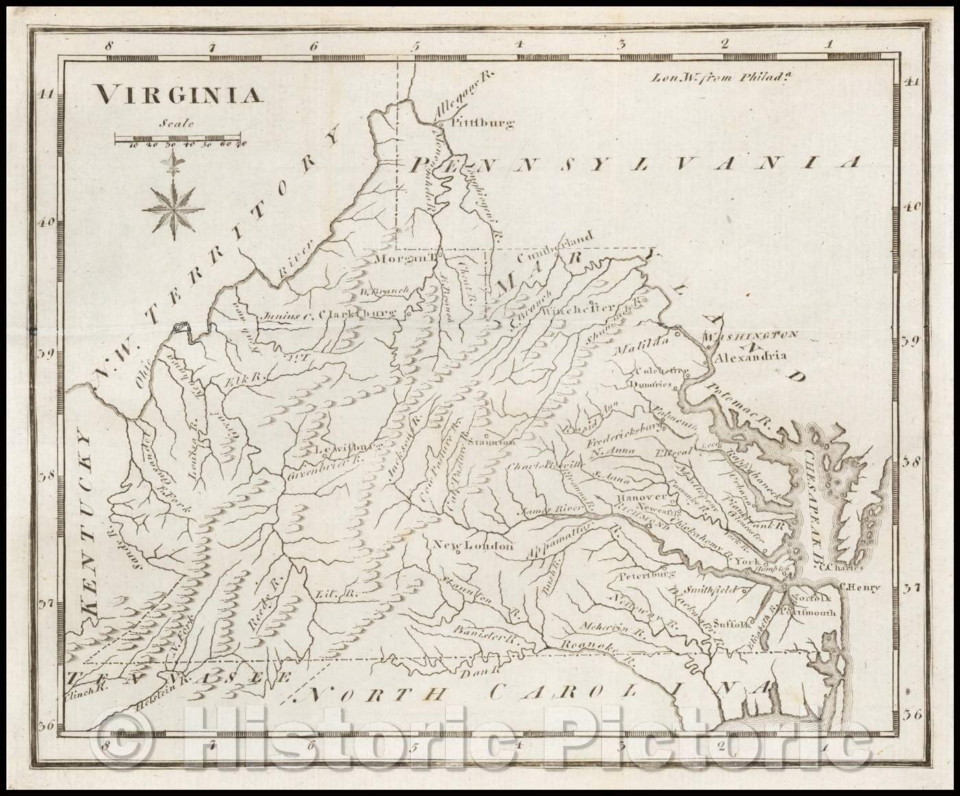 Historic Map - Virginia, 1795, Joseph Scott - Vintage Wall Art