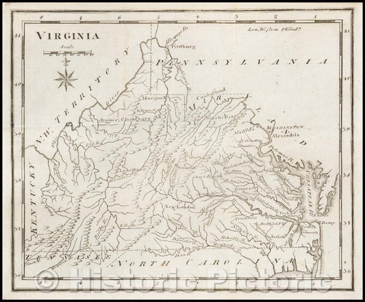 Historic Map - Virginia, 1795, Joseph Scott - Vintage Wall Art