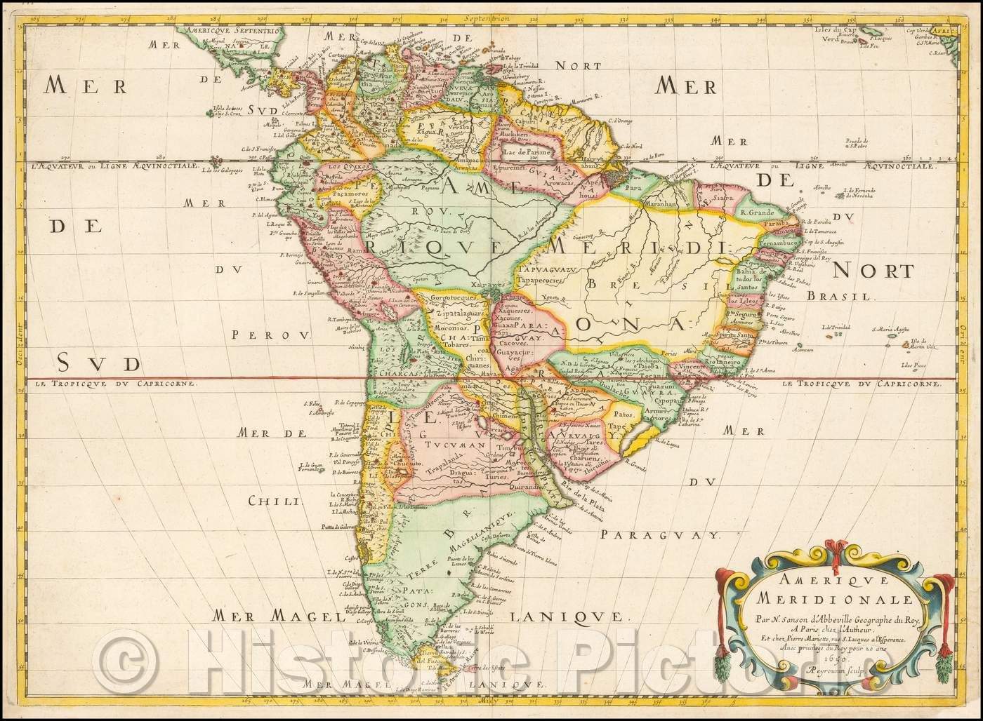 Historic Map - Amerique Meridionale, 1650, Nicolas Sanson - Vintage Wall Art