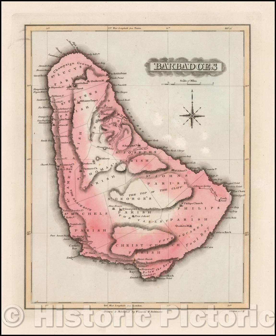 Historic Map - Barbadoes, 1823, Fielding Lucas Jr. - Vintage Wall Art