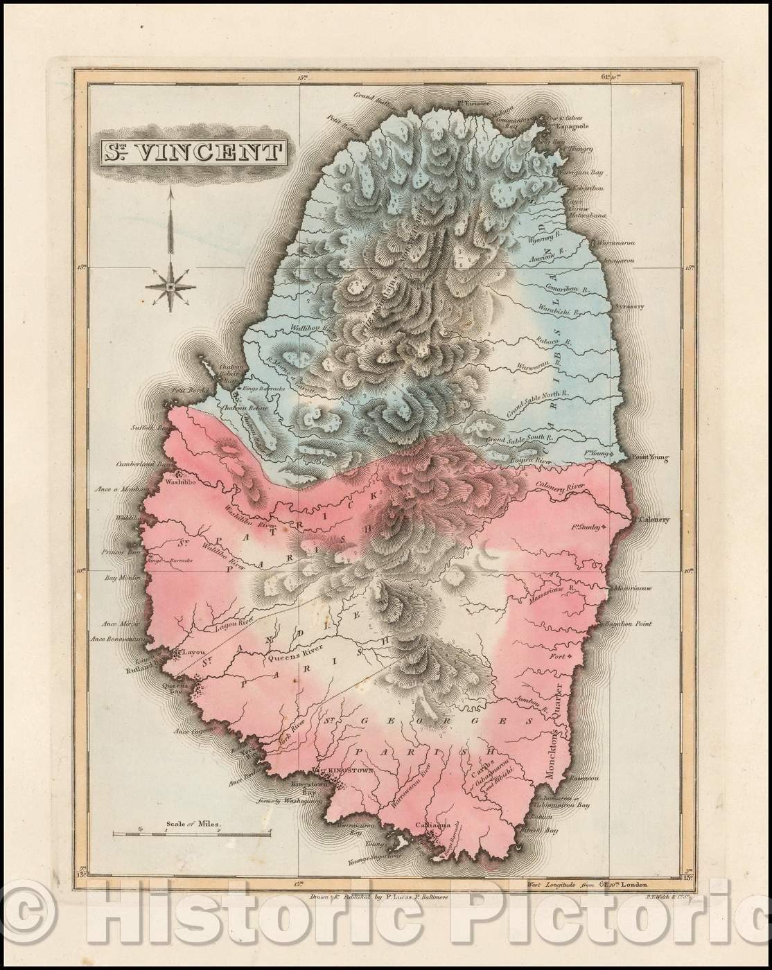 Historic Map - St. Vincent, 1823, Fielding Lucas Jr. - Vintage Wall Art