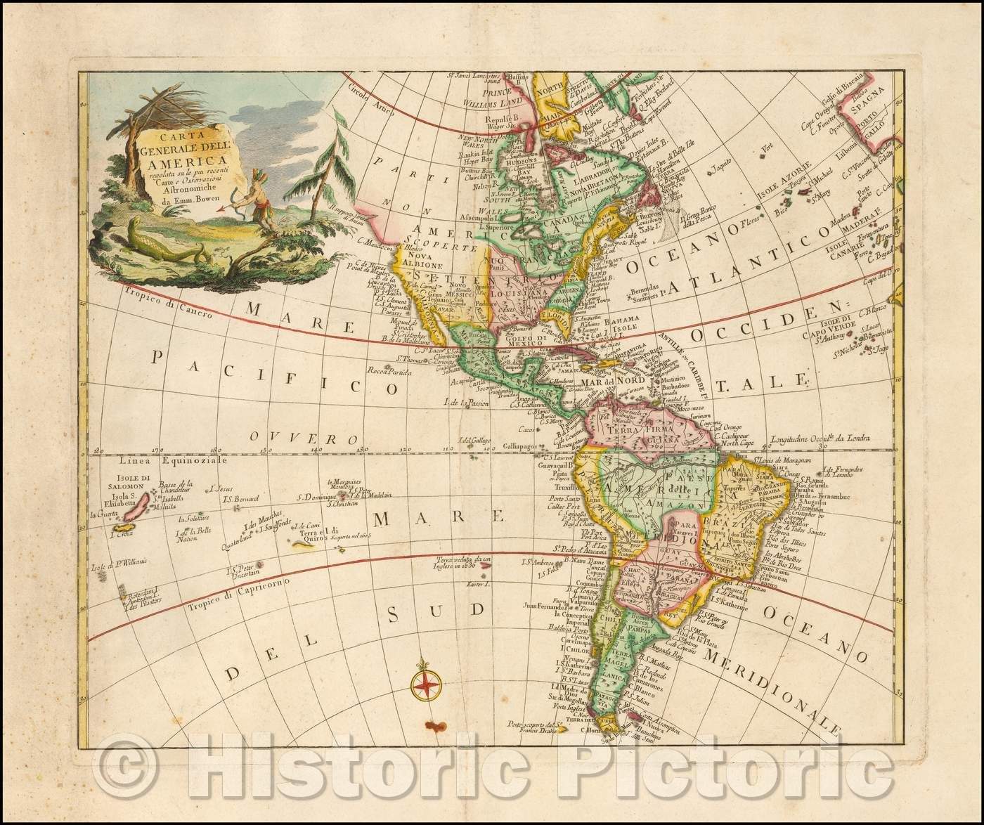 Historic Map - Carta Generale Dell' America regolata su le piu recenti Carte e Osservationi da Emm. Bowen/Italian Map of America, work of Emanuel Bowen, 1763 - Vintage Wall Art