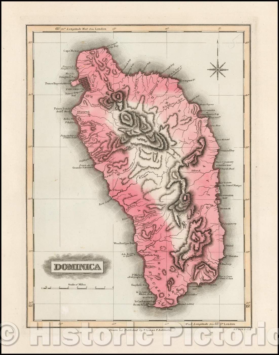 Historic Map - Dominica, 1823, Fielding Lucas Jr. - Vintage Wall Art