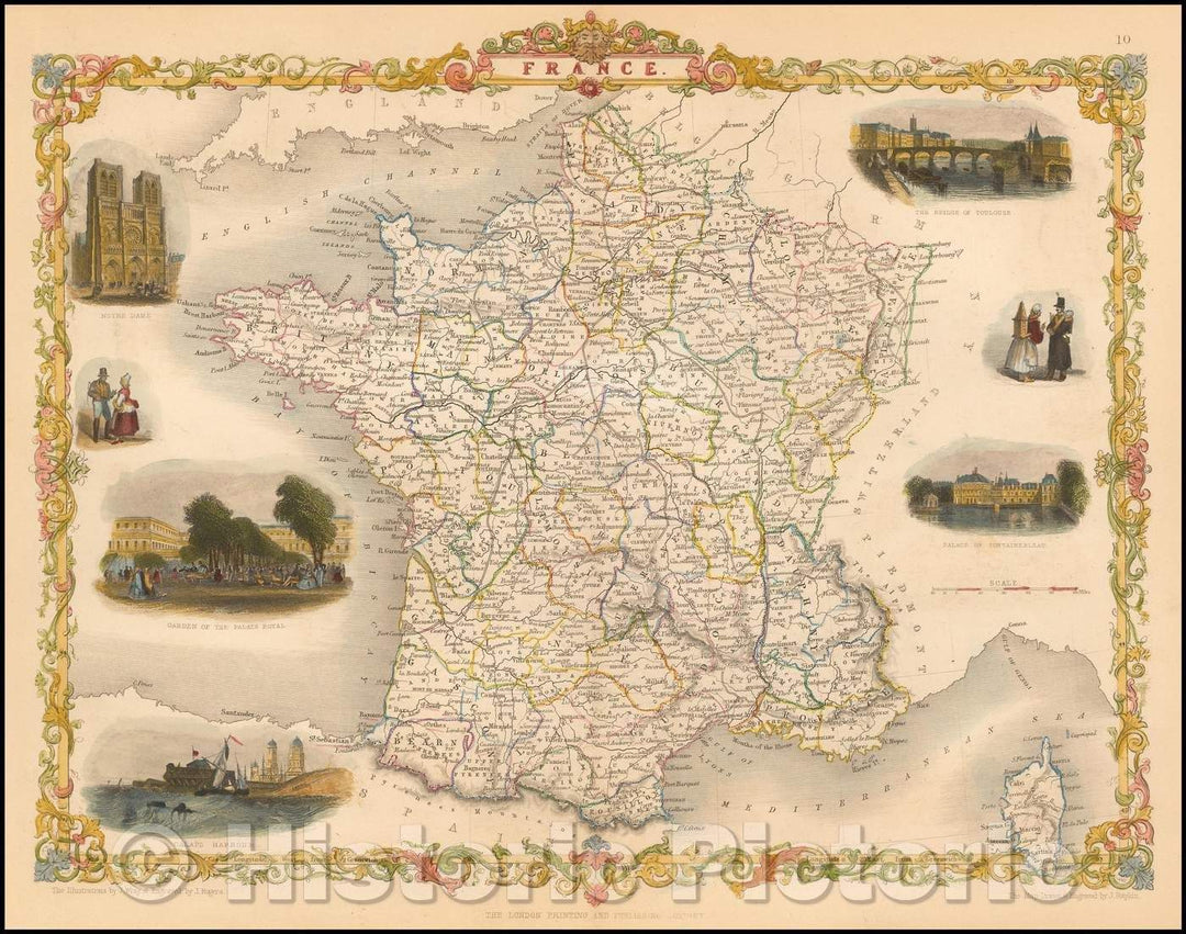 Historic Map - France, 1851, John Tallis - Vintage Wall Art