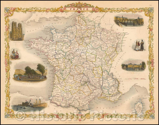Historic Map - France, 1851, John Tallis - Vintage Wall Art