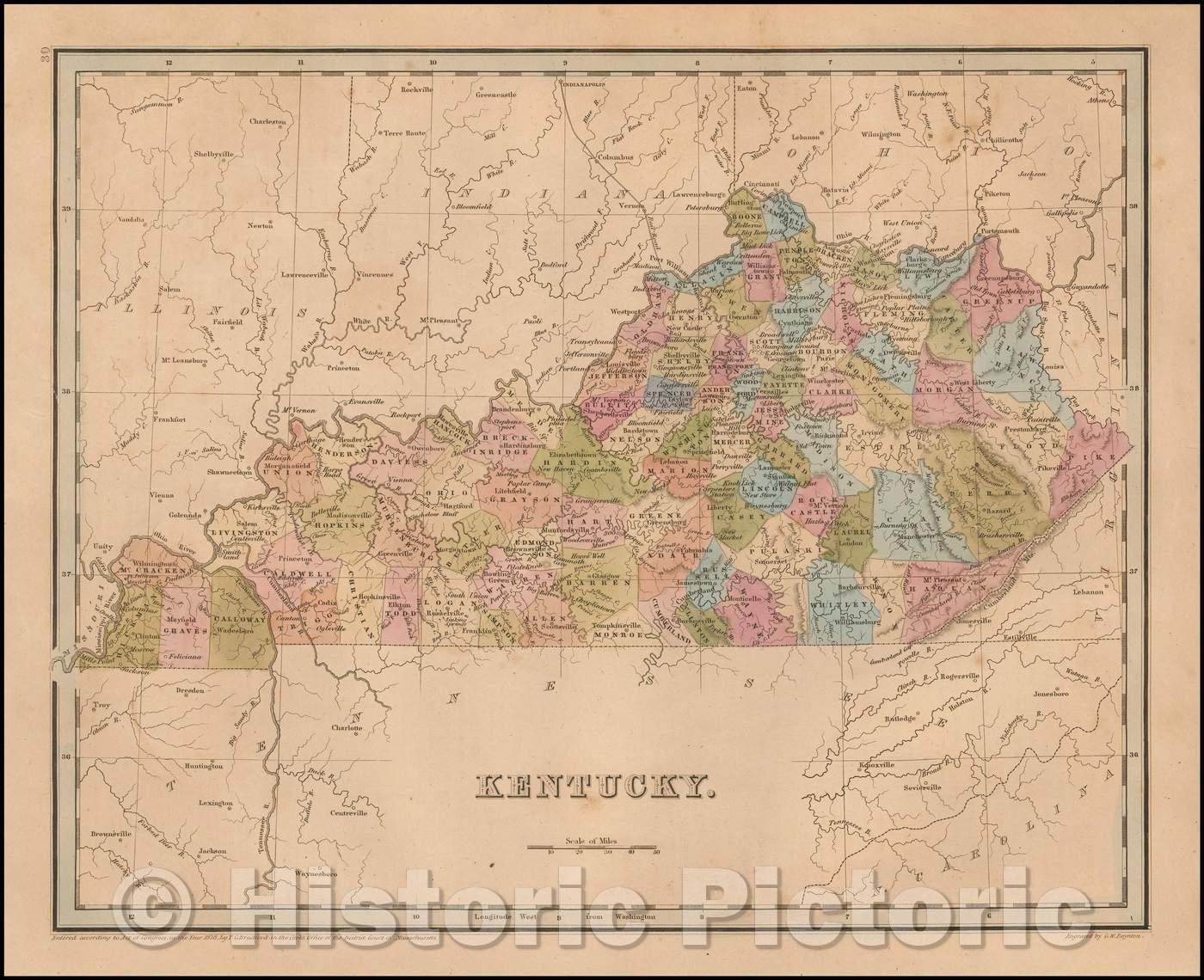 Historic Map - Kentucky, 1846, Thomas Gamaliel Bradford - Vintage Wall Art
