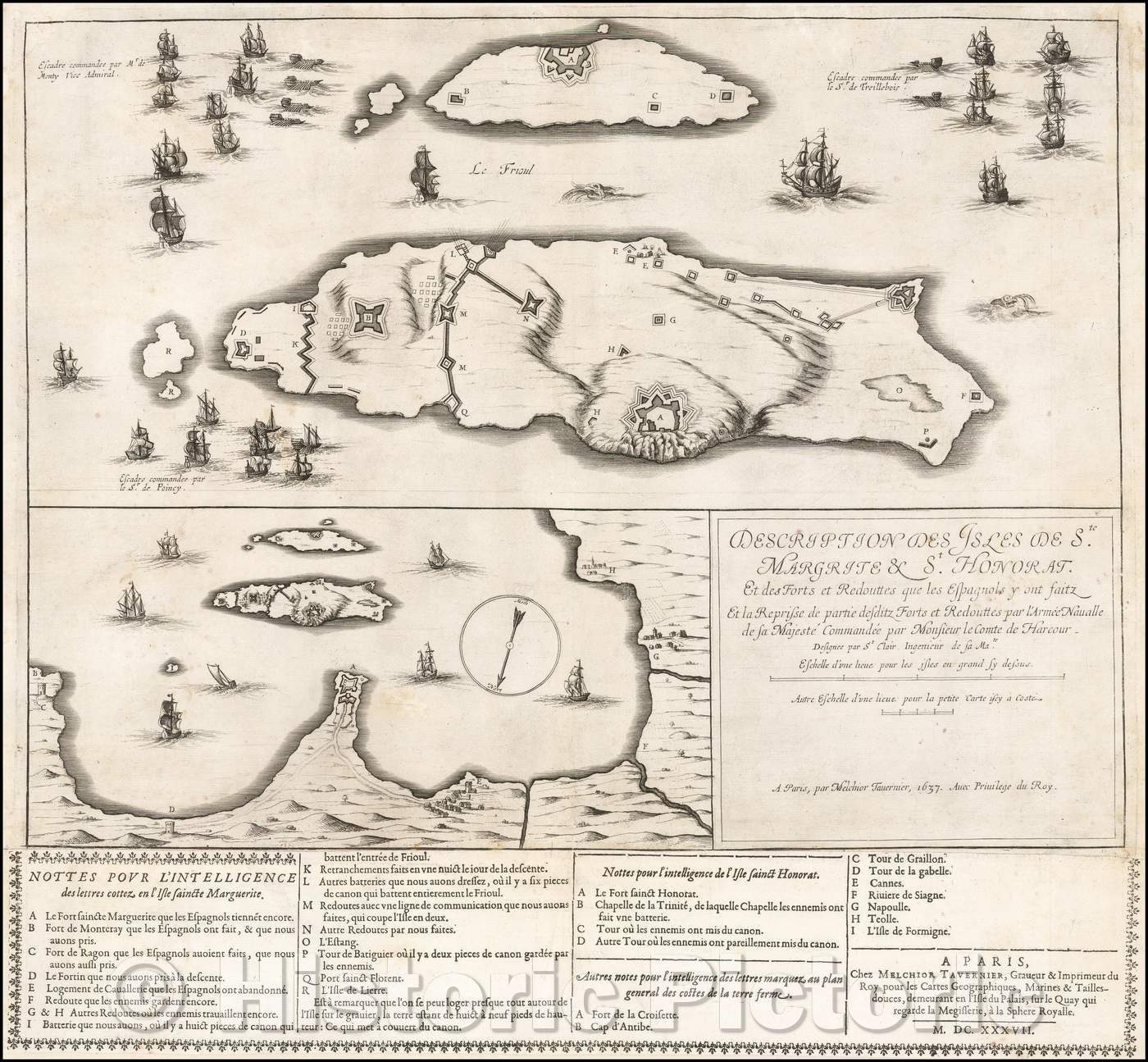 Historic Map - Description Des Isles de Ste. Margrite et St. Honorat/Naval battle between the French and Spanish off the Coast near La Rochelle, 1637 - Vintage Wall Art