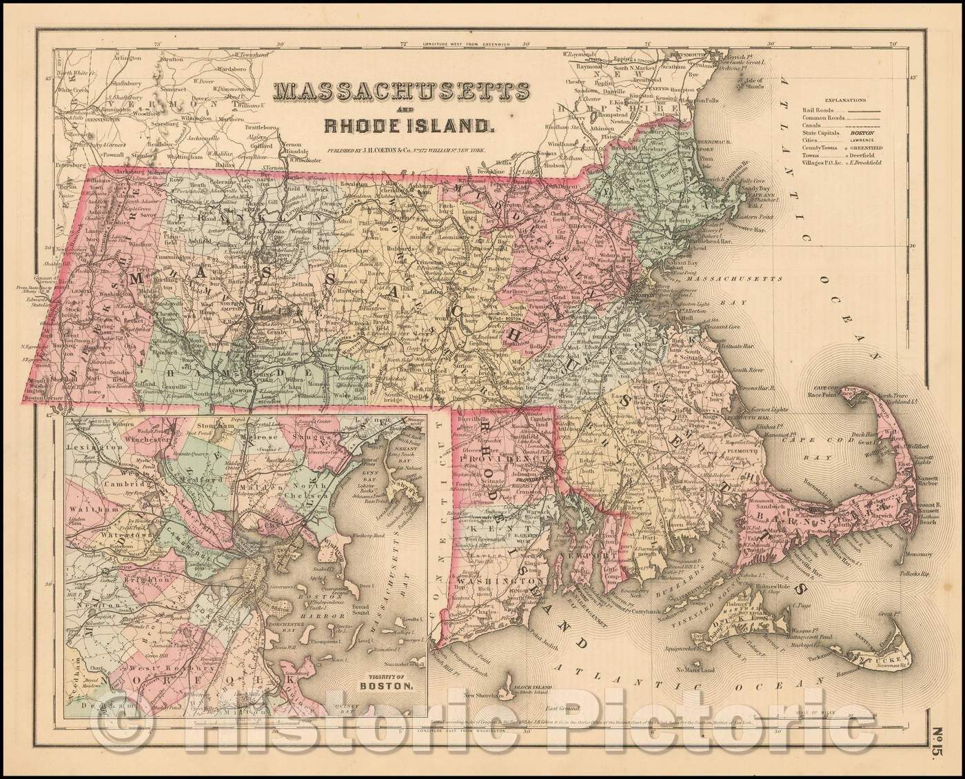 Historic Map - Massachusetts and Rhode Island, 1859, Joseph Hutchins Colton - Vintage Wall Art