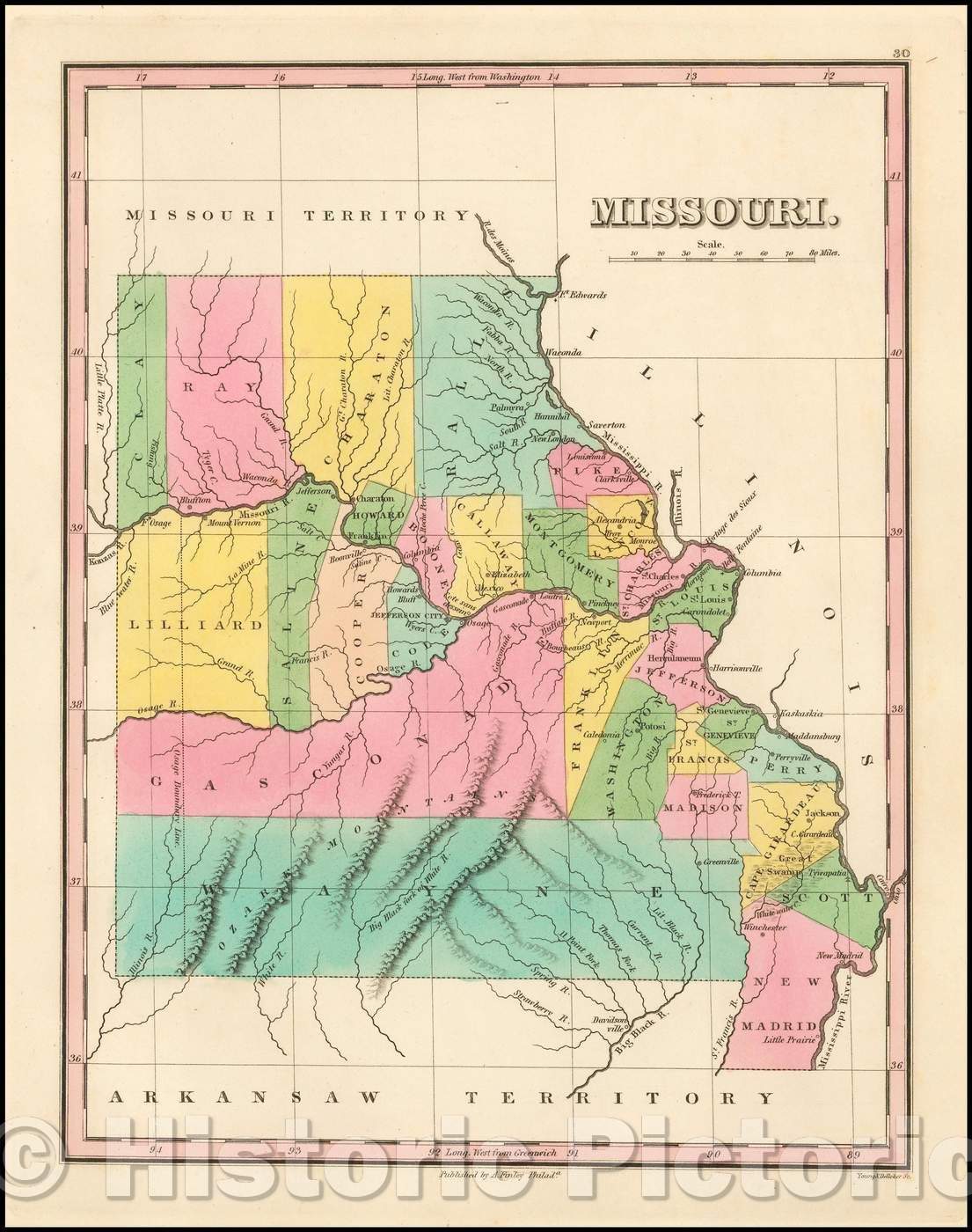 Historic Map - Missouri, 1829, Anthony Finley - Vintage Wall Art