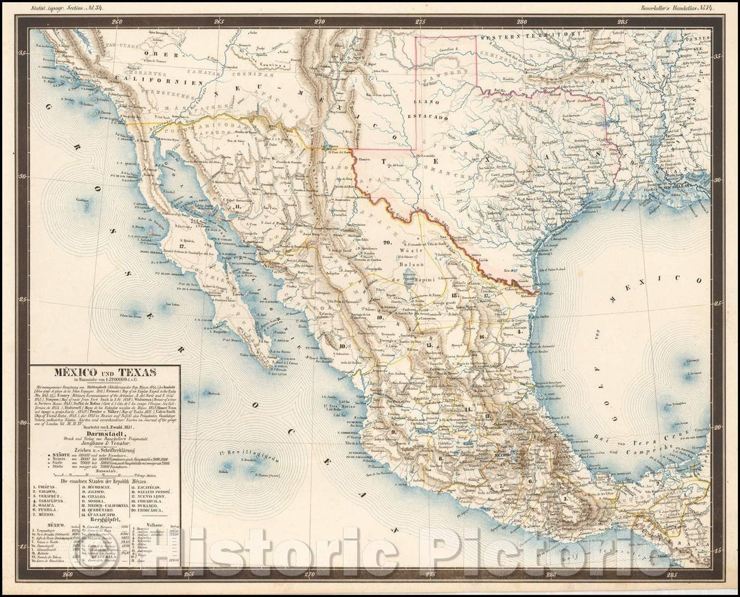 Historic Map - Mexico und Texas/Map of Texas, the American Southwest and Mexico, 1851, George Bauerkeller - Vintage Wall Art