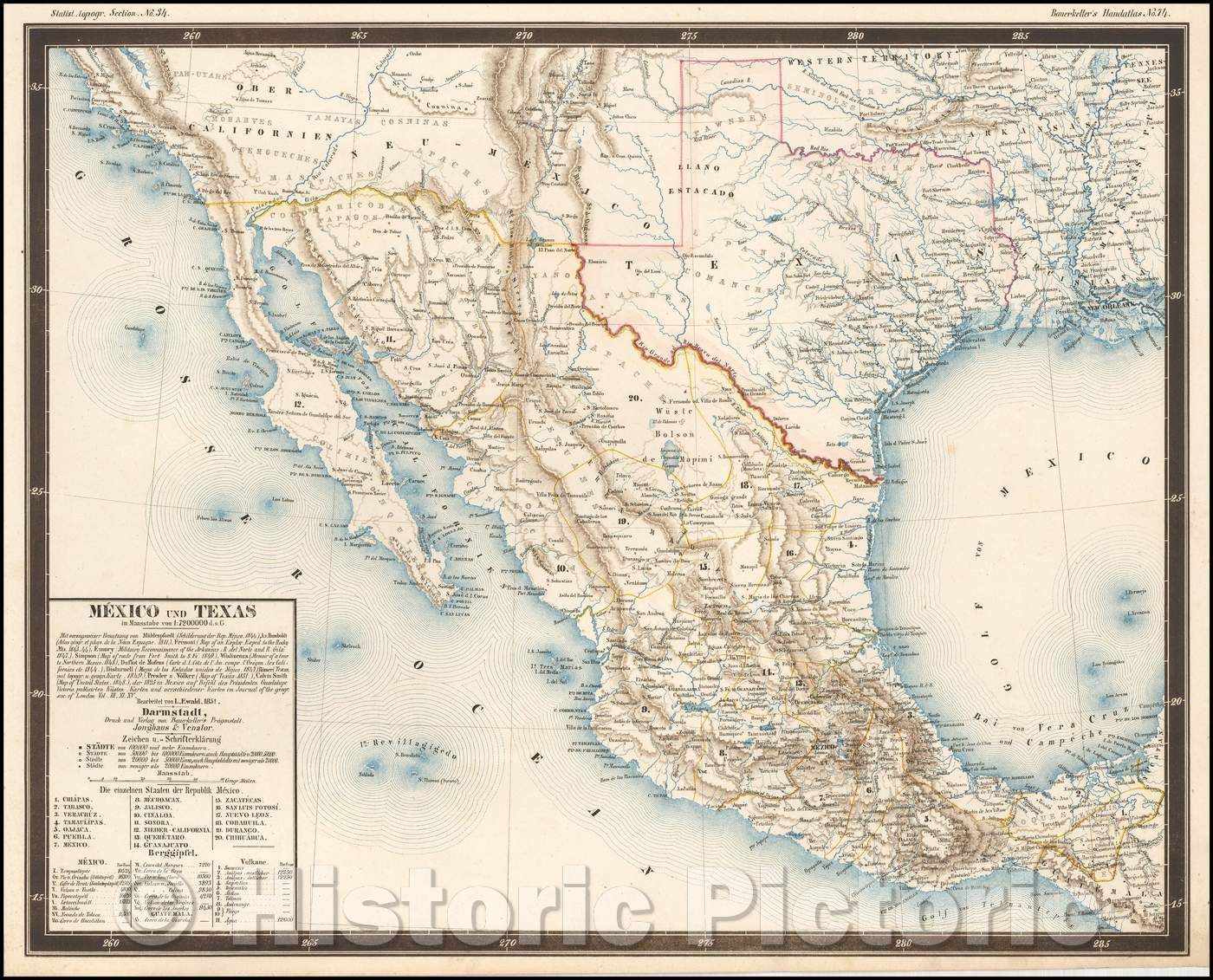 Historic Map - Mexico und Texas/Map of Texas, the American Southwest and Mexico, 1851, George Bauerkeller - Vintage Wall Art