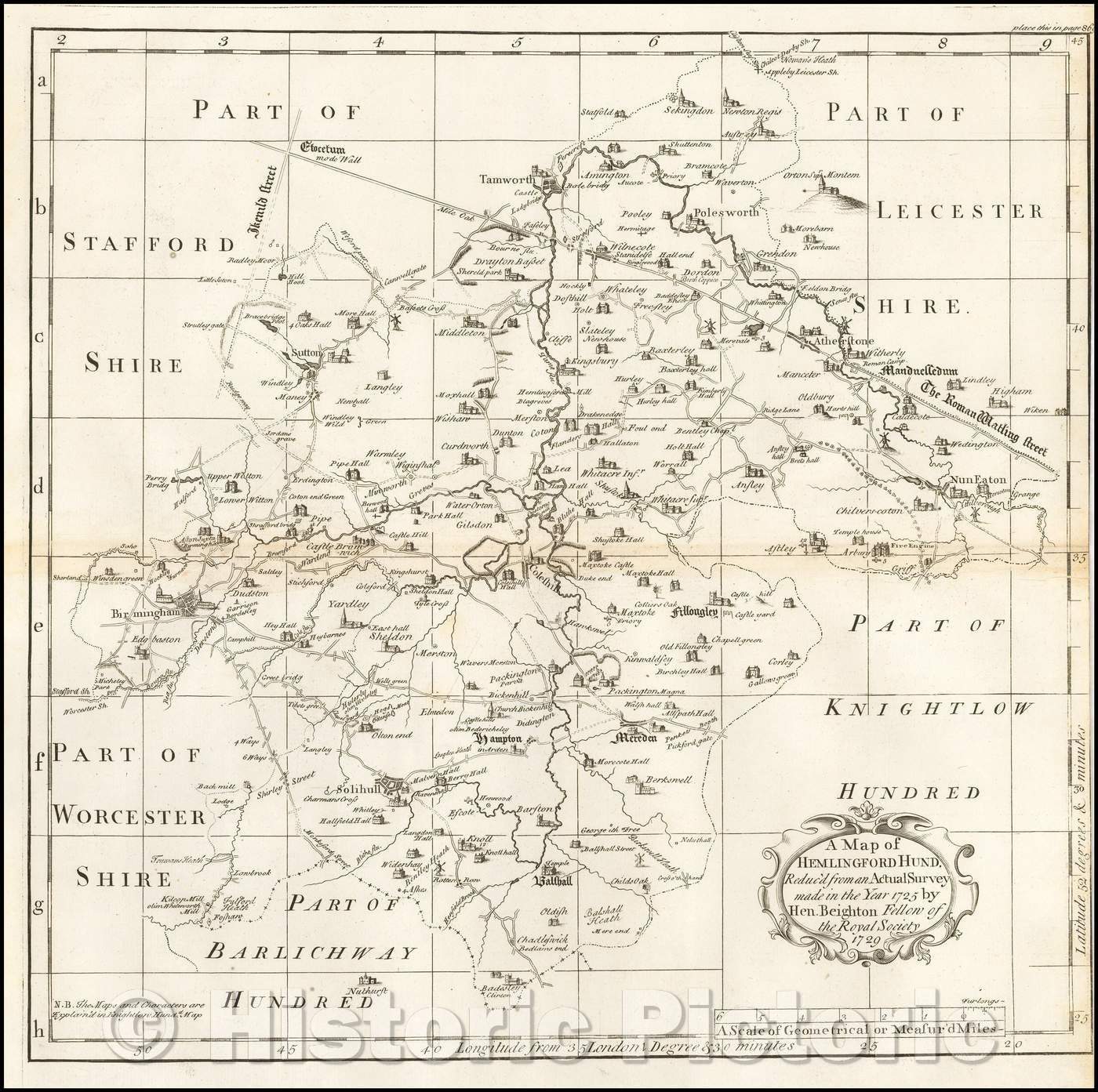 Historic Map - A Map of Hemlingford Hund. Reduc'd from an Actual Surveymade in the Year 1725, 1730, Henry Beighton - Vintage Wall Art