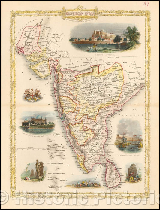 Historic Map - Southern India, 1851, John Tallis - Vintage Wall Art