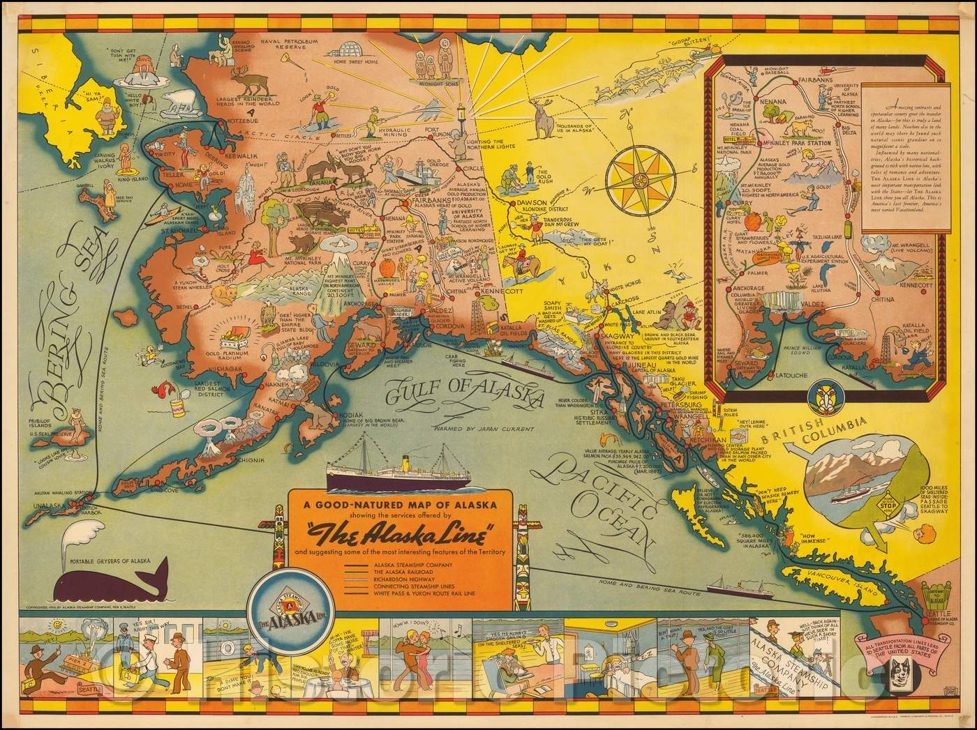 Historic Map - A Good-Natured Map of Alaska showing the services offered, 1939, Edward Camy v2