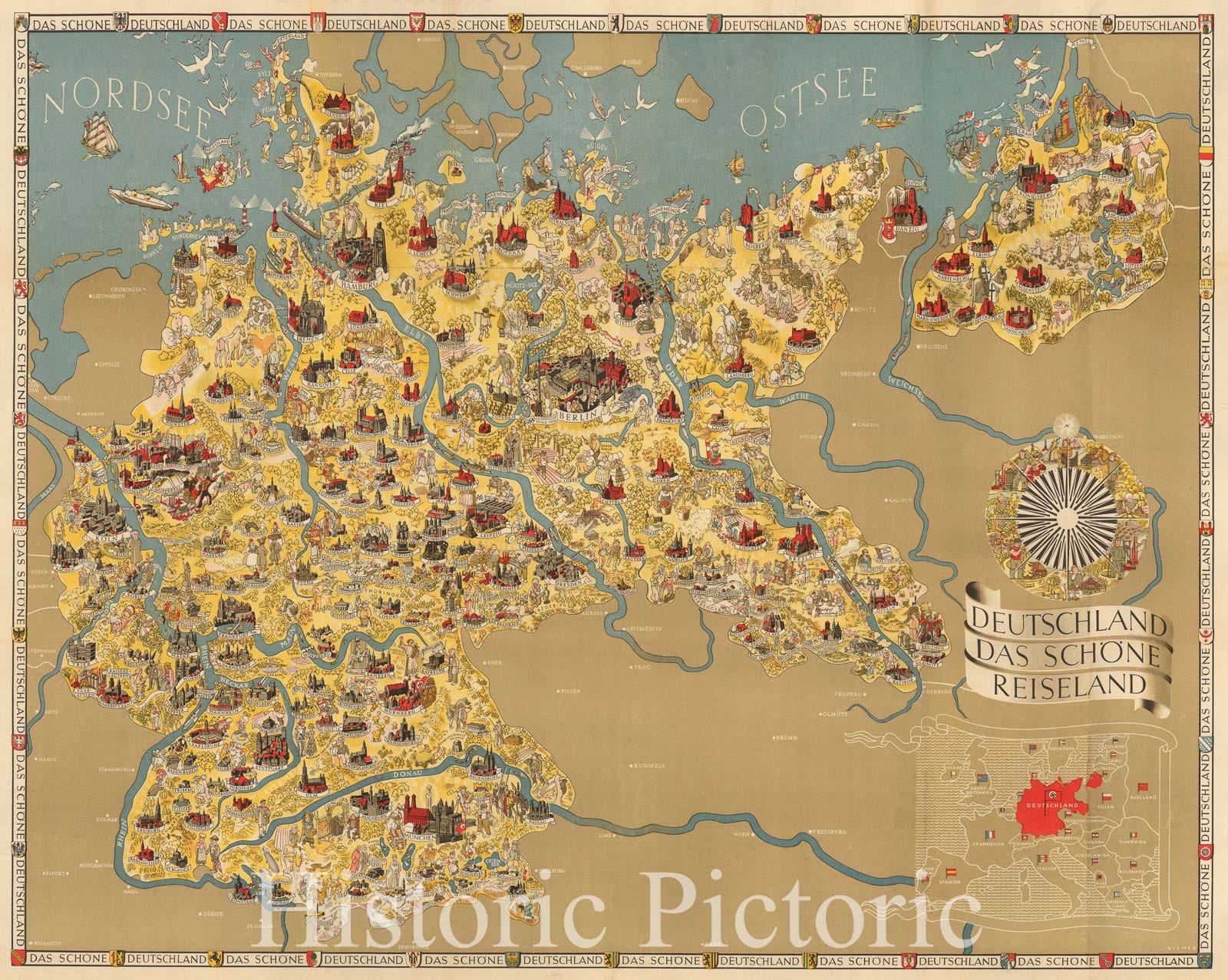 Historic Map - Deutschland das Sch?ne Rei/Map of Germany, published by the Reichsbahnzentrale fur den Deutschen Reiseverkehr, 1935, Riemer - Vintage Wall Art