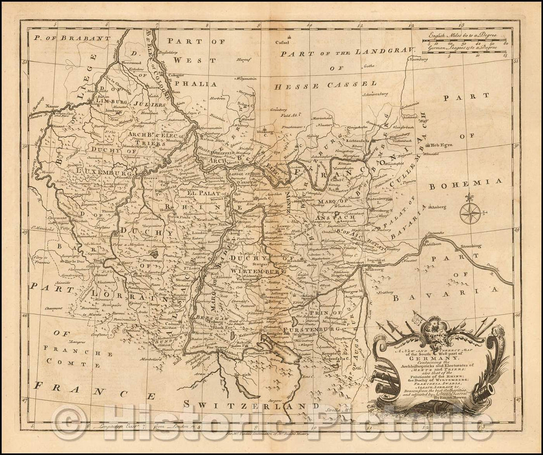 Historic Map - A New and Correct Map of the South West part of Germany, Containing Archbishopricks and Electorates of Mentz and Triers, 1732, Emanuel Bowen - Vintage Wall Art