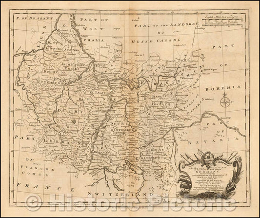 Historic Map - A New and Correct Map of the South West part of Germany, Containing Archbishopricks and Electorates of Mentz and Triers, 1732, Emanuel Bowen - Vintage Wall Art