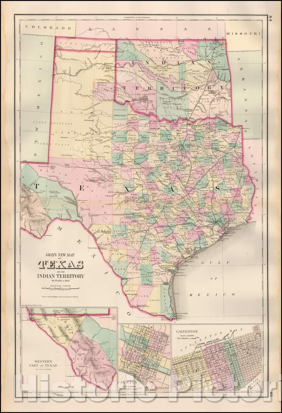 Historic Map - Gray's New Map of Texas and The Indian Territory, 1875, O.W. Gray - Vintage Wall Art