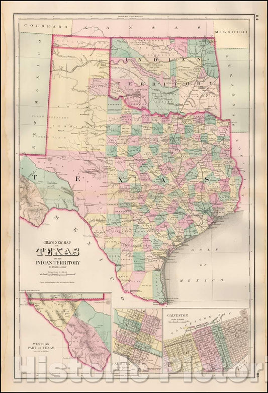 Historic Map - Gray's New Map of Texas and The Indian Territory, 1875, O.W. Gray - Vintage Wall Art