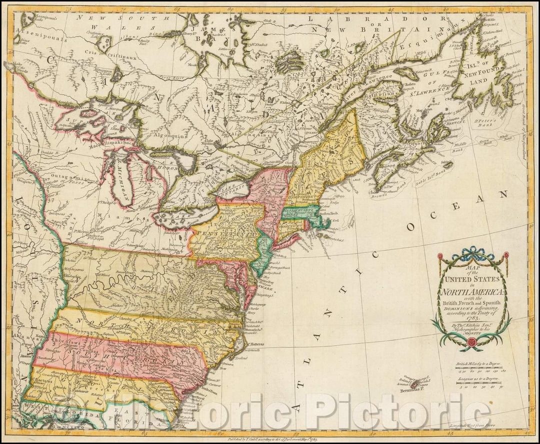 Historic Map - Map of the United States in North America: with the British, French and Spanish Dominions, 1783, Thomas Kitchin - Vintage Wall Art