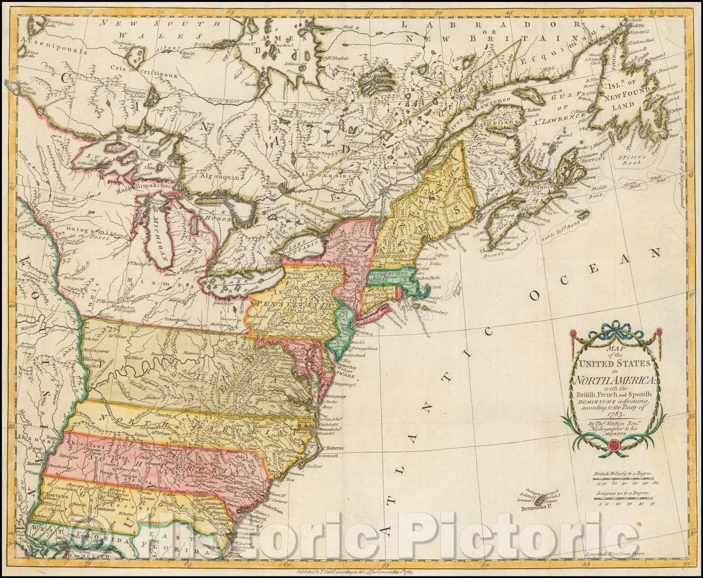 Historic Map - Map of the United States in North America: with the British, French and Spanish Dominions, 1783, Thomas Kitchin - Vintage Wall Art