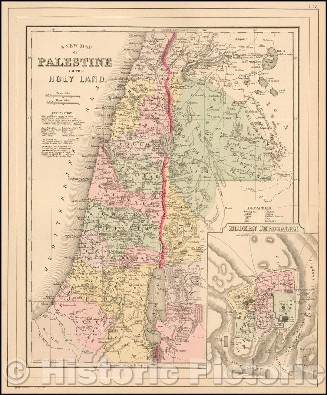 Historic Map - Palestine or the Holy Land, 1888, Samuel Augustus Mitchell Jr. - Vintage Wall Art